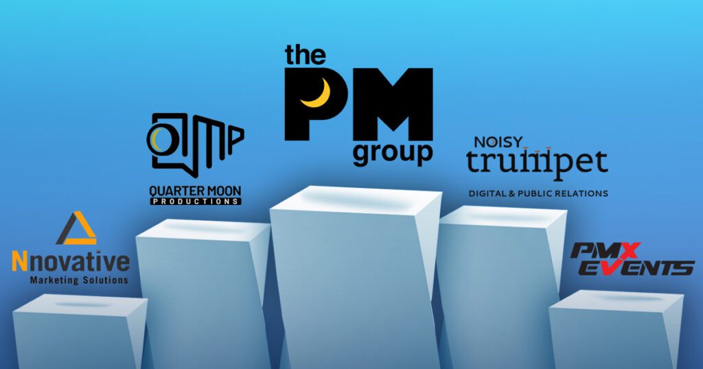 The PM Group full service advertising agency services depicted by The PM Group logo, QMP logo, Noisy Trumpet logo, PMX Events logo, and Nnovative logo