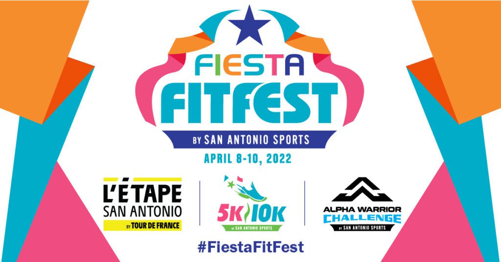 Festive and colorful image of the San Antonio Sports Fiesta FitFest logo, L'Etape San Antonio logo, and Alpha Warrior logo for Fiesta 2022
